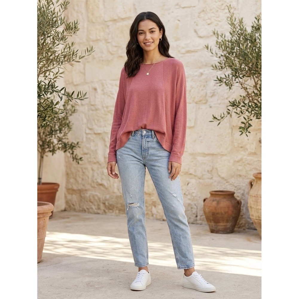 Eileen Fisher Organic Linen Cotton Boxy Knit Sweater Rose Pink Large S19FVR